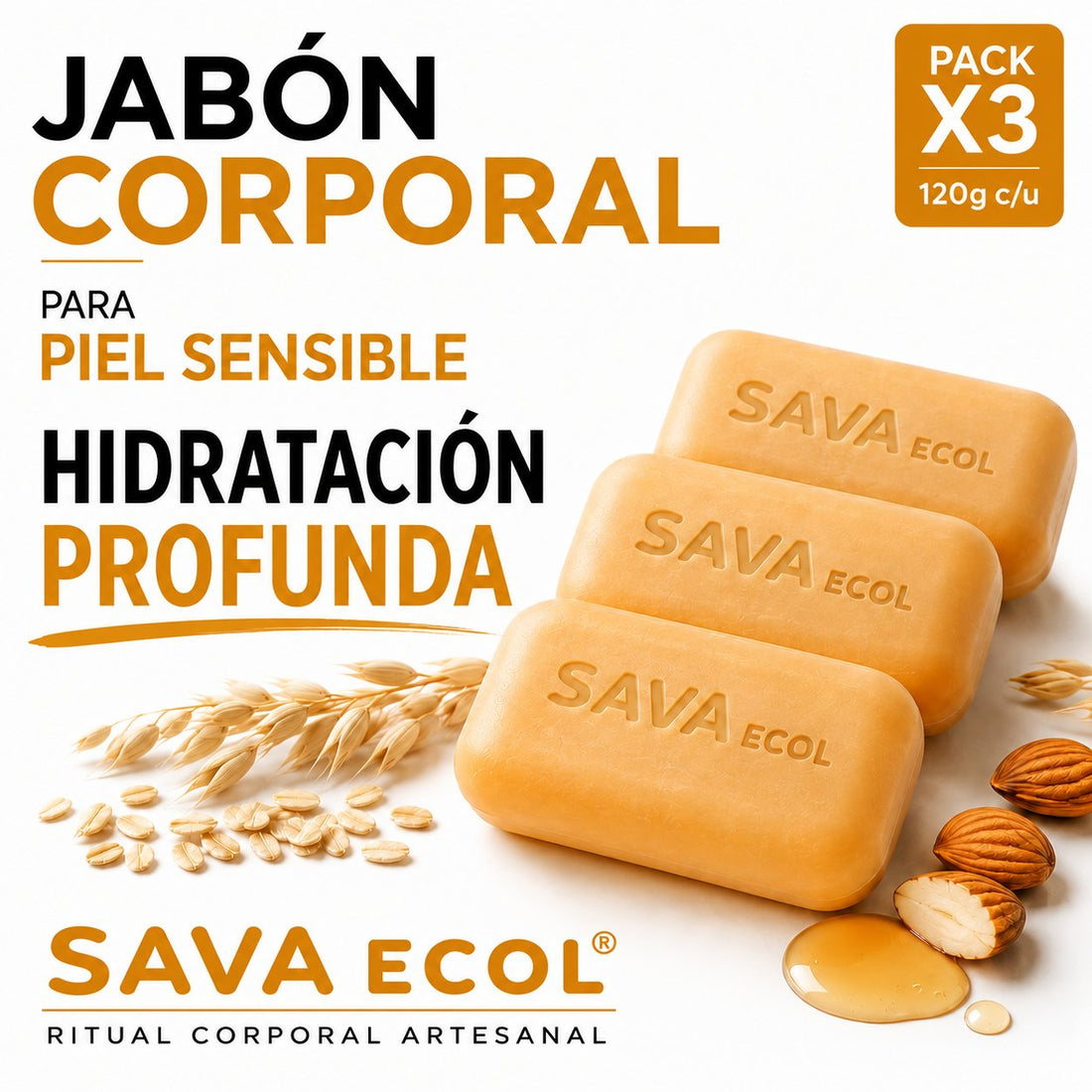 Jabón corporal artesanal para piel sensible pack x3 - Sava Ecol Bogotá
